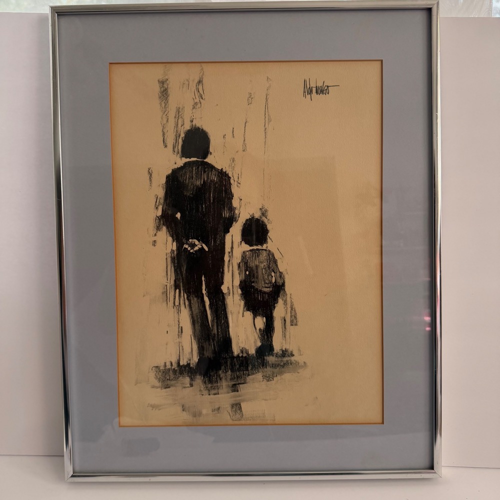 Aldo Luongo Framed Art Print 12x16 Black Beige Father and Child Sketch Vintage